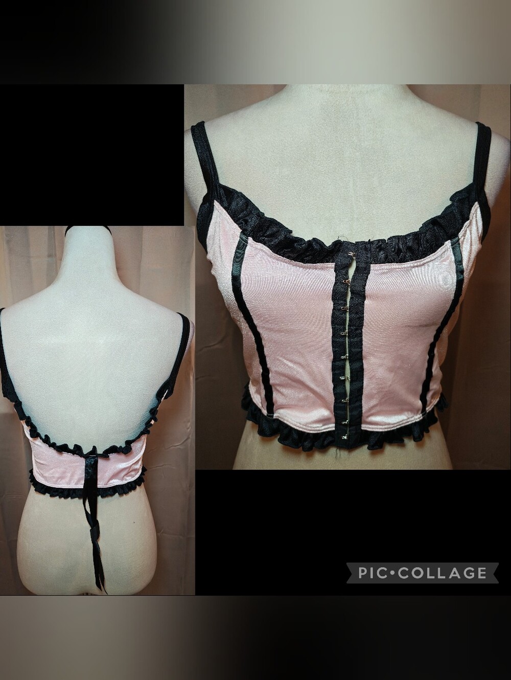 🩷🖤Vintage 80s Frederick’s of Hollywood Pink & Black Ruffle Corset Top🖤🩷